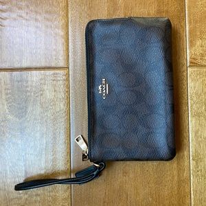 Coach monogram brown and black double zipper wristlet